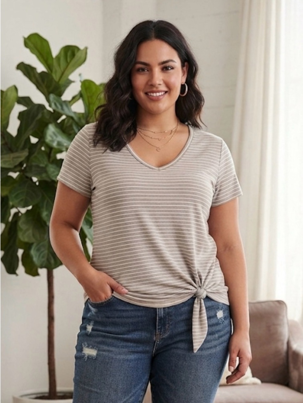 Matty M XL Striped Tie Front Top Gray White Short Sleeve Soft Stretch Tee